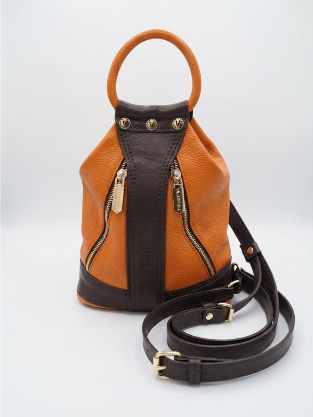 Valentina Orange and Dark Brown Leather Mini Bucket Bag